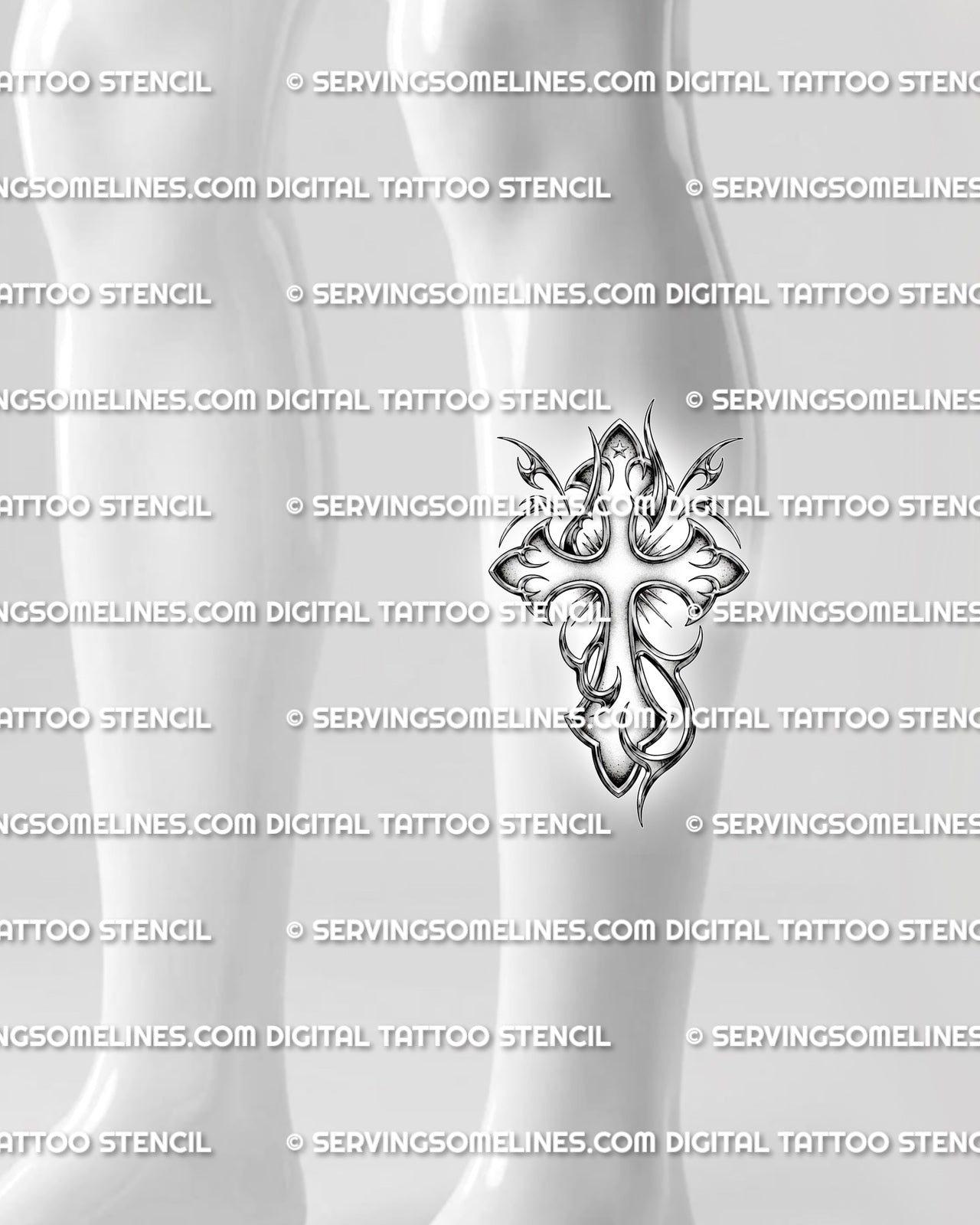 Ornamental cross tattoo stencil displayed on calf placement, bold Y2K-style shape with shaded details and sharp curved edges. 