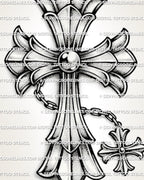 Ornamental cross tattoo stencil with chrome-style shading, layered pointed arms, chain detail, and clean printable structure. 