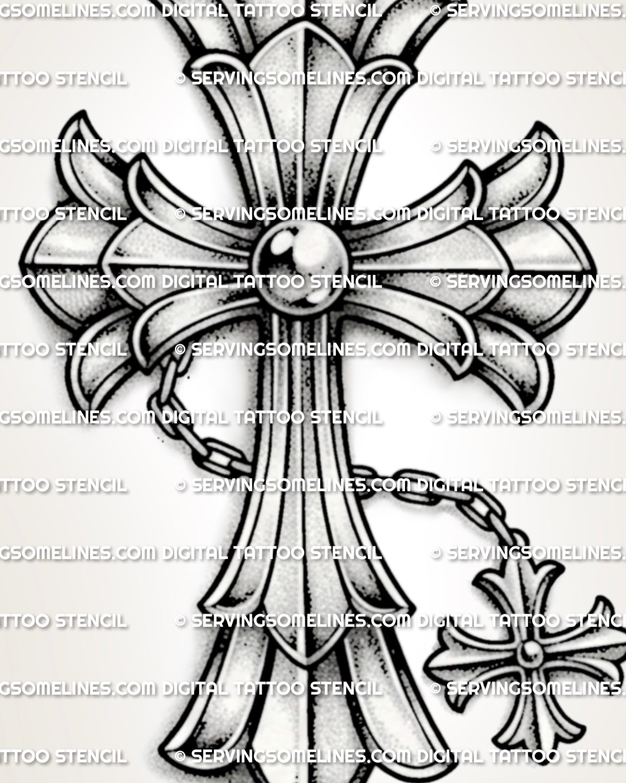 Ornamental cross tattoo stencil with chrome-style shading, layered pointed arms, chain detail, and clean printable structure. 