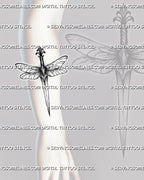 Ornamental dragonfly dagger tattoo shown on forearm placement with winged details, pointed blade, and clean stencil lines.