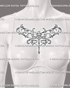Ornamental dragonfly tattoo shown across a woman’s upper chest with wide filigree wings, botanical scrollwork, and a jewel pendant centered below the body