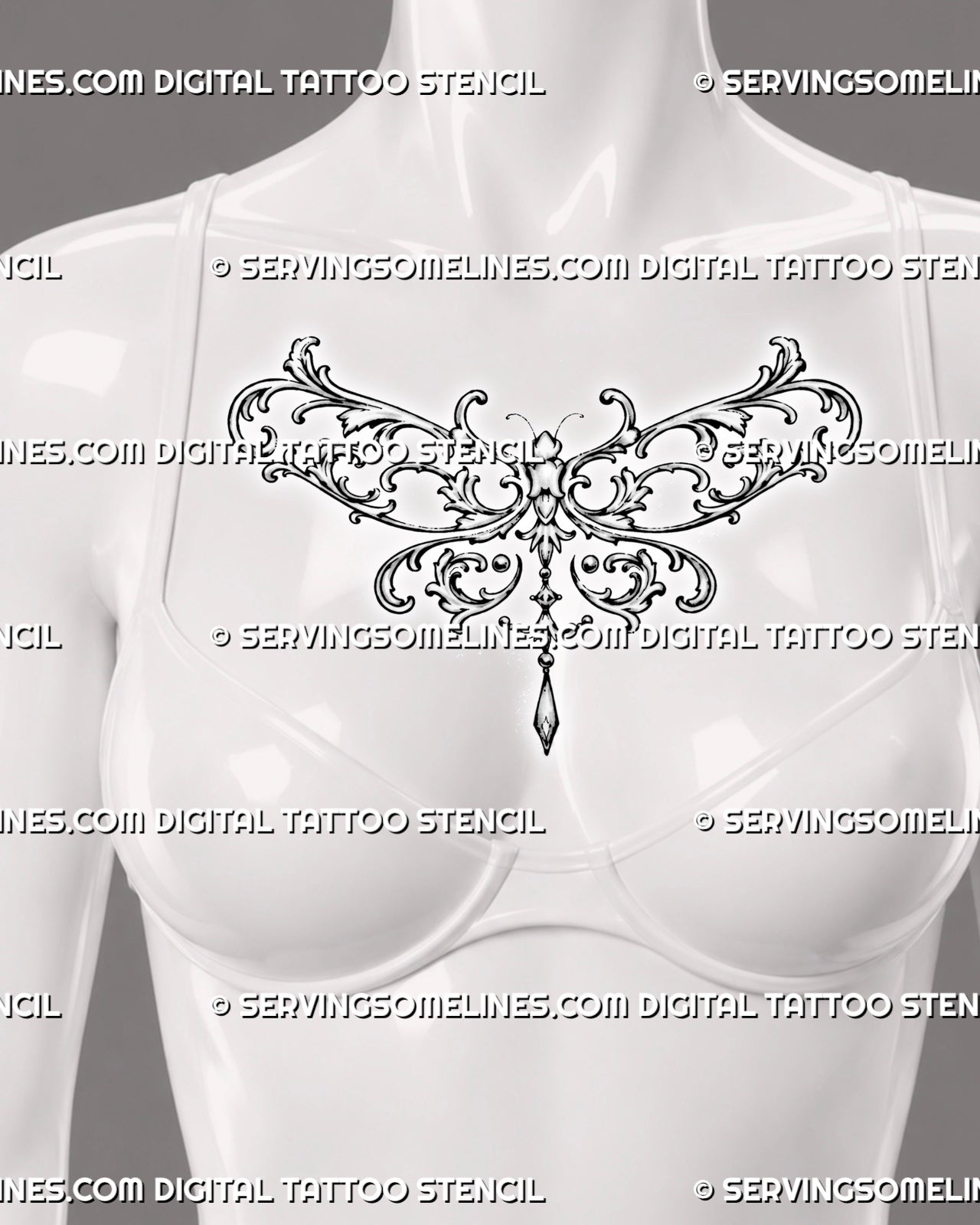 Ornamental dragonfly tattoo shown across a woman’s upper chest with wide filigree wings, botanical scrollwork, and a jewel pendant centered below the body