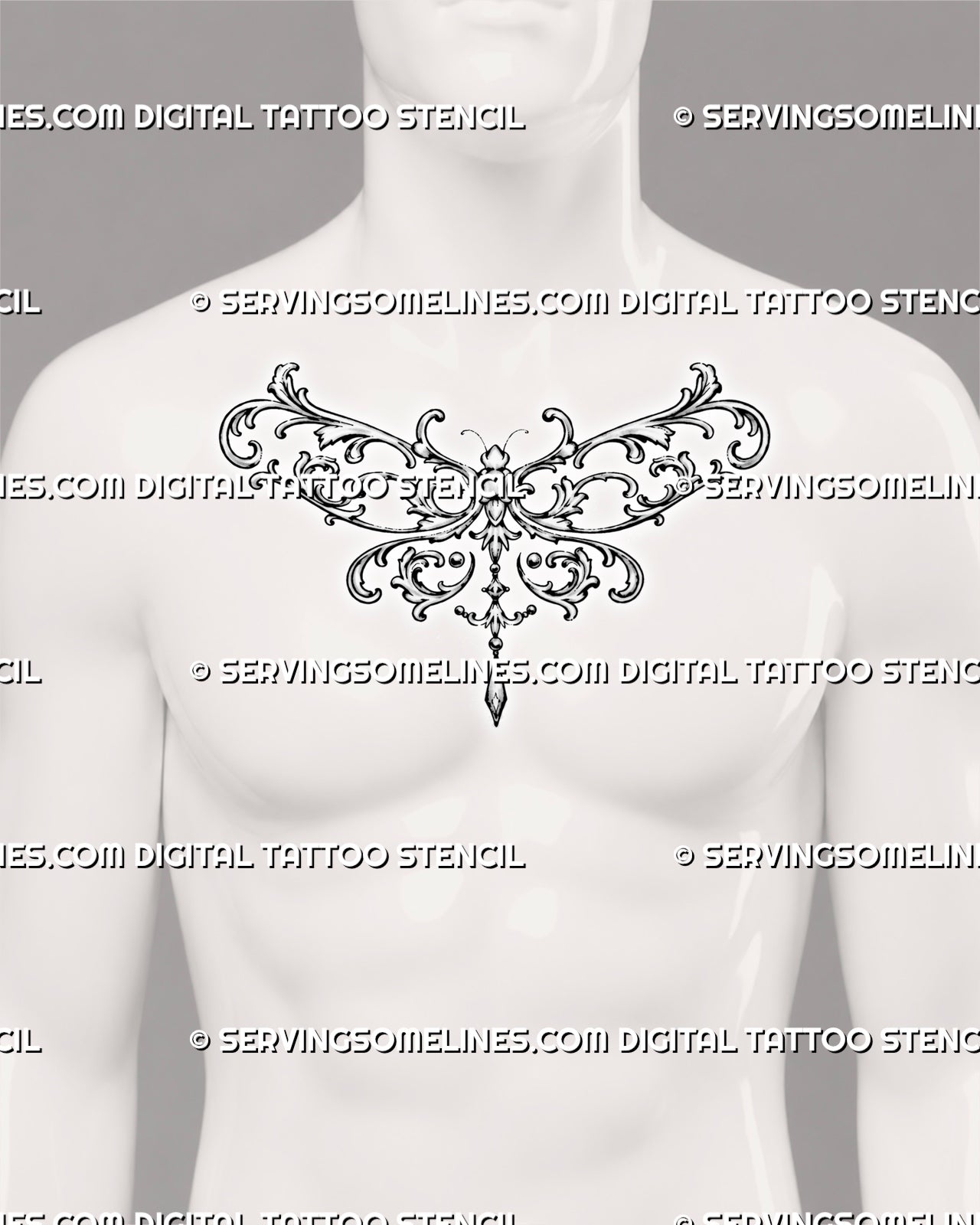 Ornamental dragonfly tattoo shown at the center of a man’s chest with balanced filigree wings, a segmented insect body, and a hanging decorative pendant