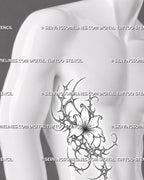 Ornamental flower tattoo stencil shown on men’s side stomach with cybersigilism framing, single open bloom, and sharp vertical tattoo layout