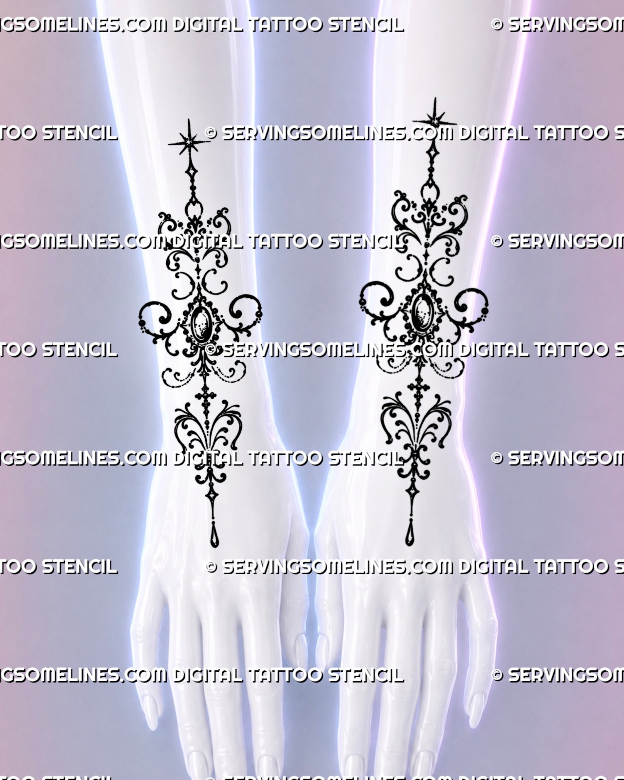 Ornamental forearm and wrist tattoo flowing slightly onto the back of the hand with Victorian-inspired filigree, gothic jewelry details, and blackwork scrolls