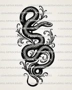 Gothic serpent tattoo stencil with visible scale texture, raised snake head, dark linework, and winding body shape.