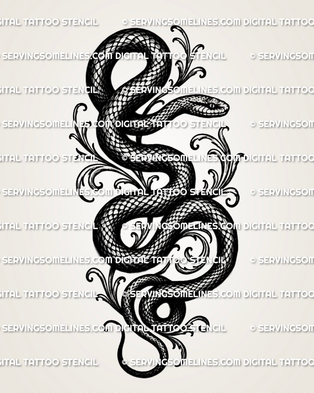 Gothic serpent tattoo stencil with visible scale texture, raised snake head, dark linework, and winding body shape.