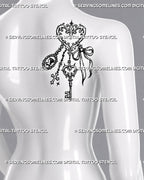 Ornamental key ring tattoo shown on the shoulder blade with baroque filigree, antique skeleton key, cameo pendant, ribbon bow, cross, and hanging charms