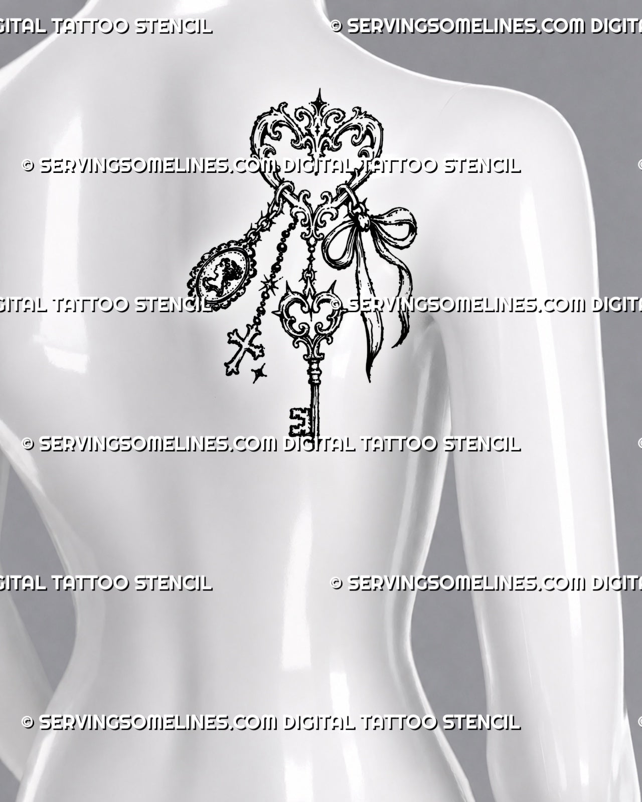 Ornamental key ring tattoo shown on the shoulder blade with baroque filigree, antique skeleton key, cameo pendant, ribbon bow, cross, and hanging charms