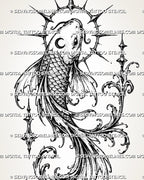 Close detail of ornamental koi fish tattoo stencil showing overlapping scales, curled barbels, crescent marking, spiked halo, star ornaments, and fine filigree