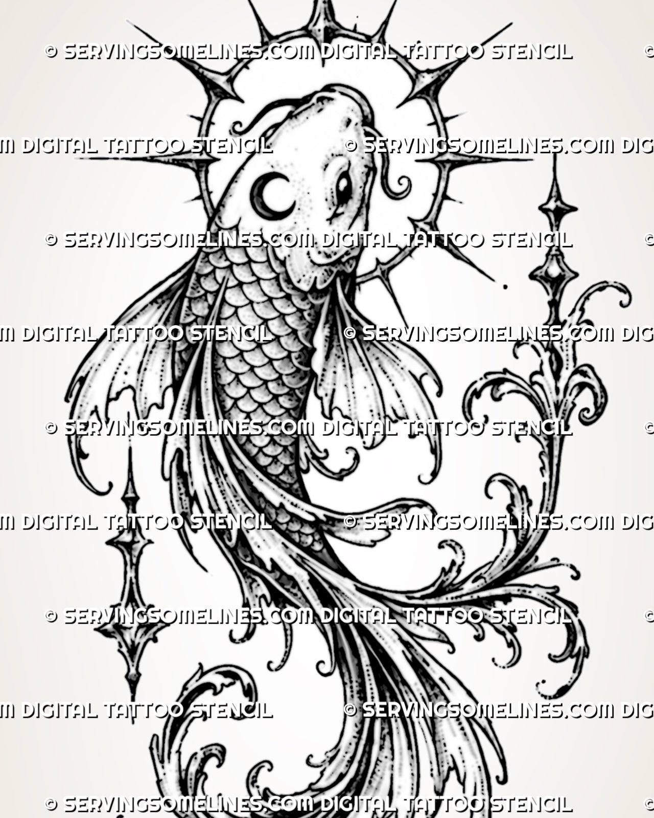 Close detail of ornamental koi fish tattoo stencil showing overlapping scales, curled barbels, crescent marking, spiked halo, star ornaments, and fine filigree