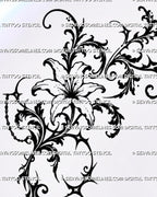 Ornamental lily shoulder tattoo stencil with open flower, baroque acanthus scrollwork, gothic star points, hanging chain details, and flowing blackwork filigree