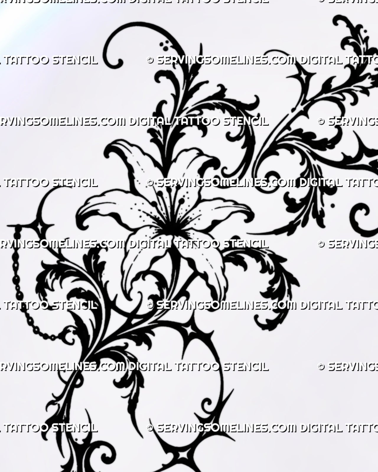 Ornamental lily shoulder tattoo stencil with open flower, baroque acanthus scrollwork, gothic star points, hanging chain details, and flowing blackwork filigree