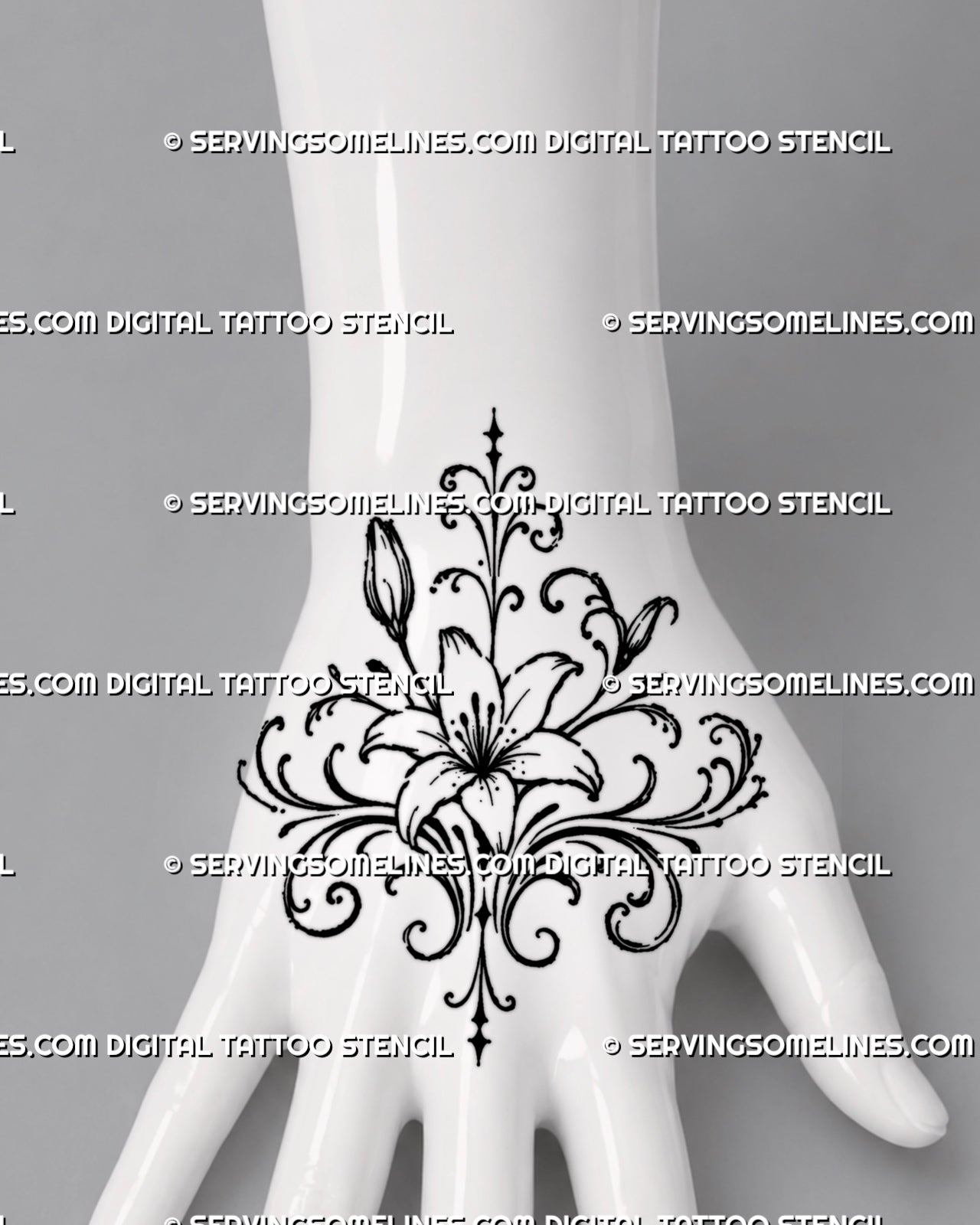 Ornamental lily tattoo shown across the back of the hand with wide mirrored filigree, a central flower, botanical buds, and wrist-facing details