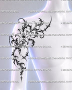Ornamental lily tattoo shown on a woman’s front shoulder and upper arm beside the collarbone and side chest, with gothic filigree and dark floral blackwork