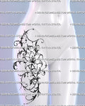 Ornamental lily tattoo shown on a woman’s upper thigh toward the hip with flowing filigree scrollwork, black foliage, star accents, and hanging bead-chain details