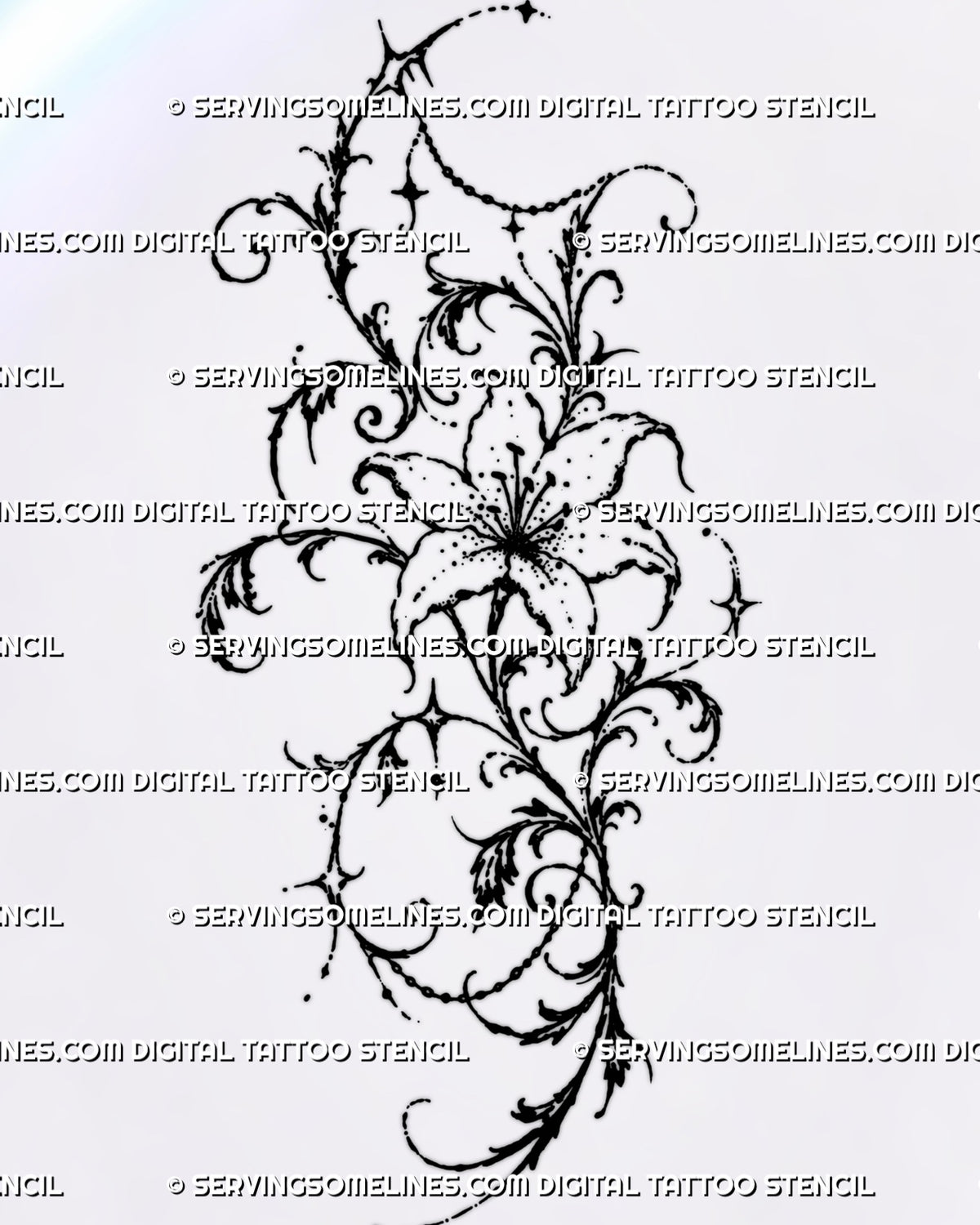 Ornamental lily thigh tattoo stencil with an open flower, baroque-inspired filigree scrollwork, dark leafy accents, starbursts, and draped chain ornament