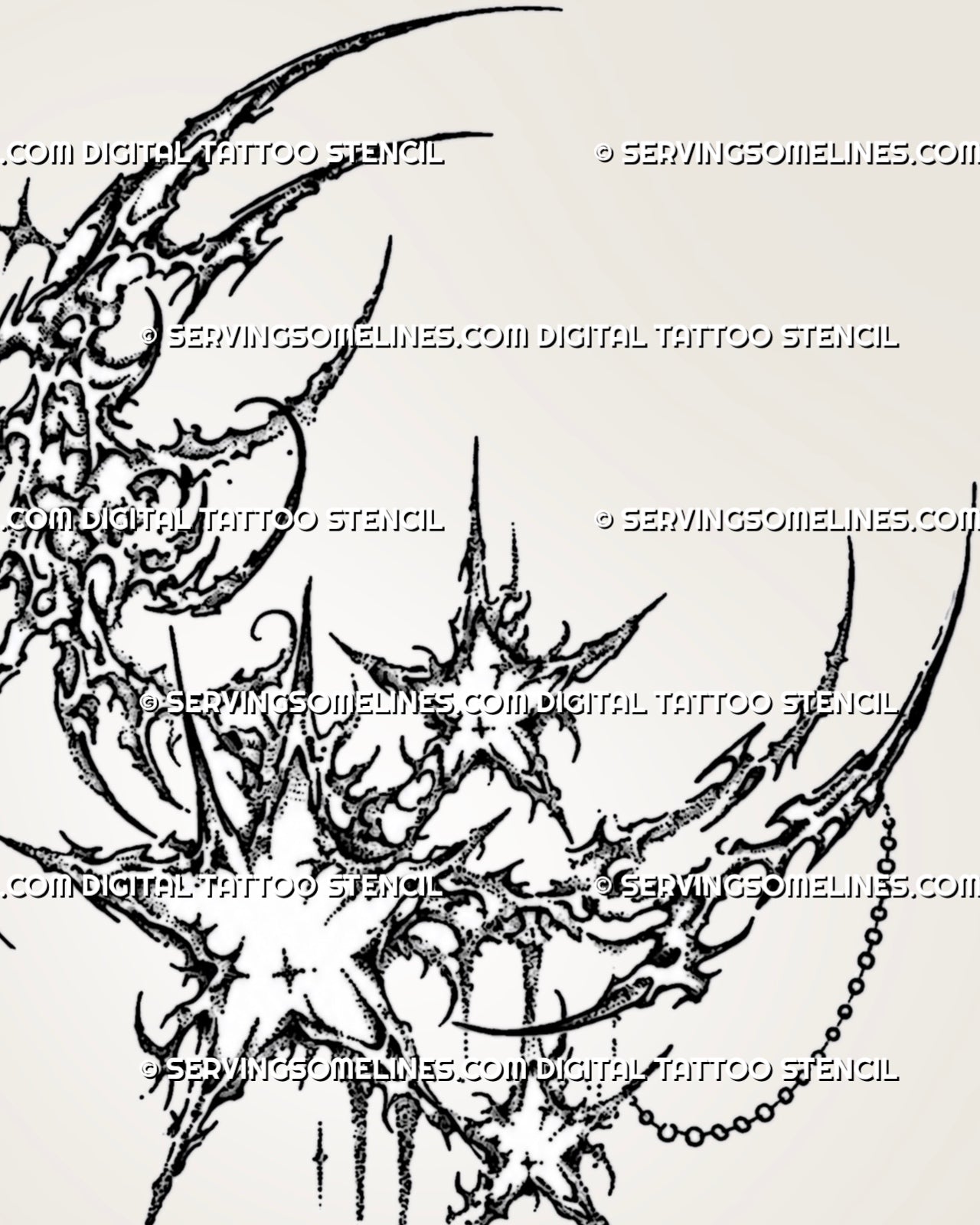 Ornamental moon and stars tattoo stencil showing crescent moon, sharp cyber sigil linework, star details, hanging chain, and celestial accents