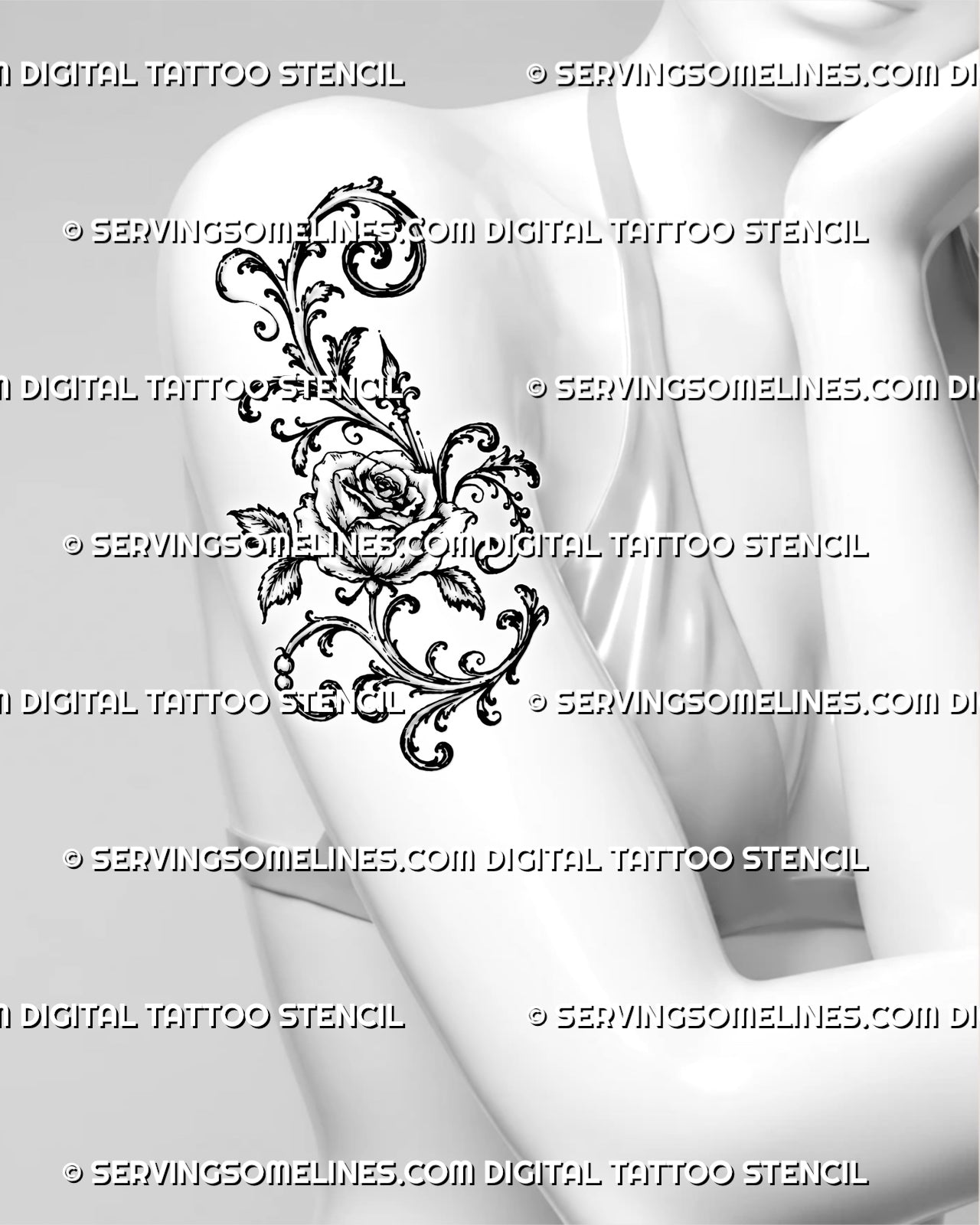 Ornamental rose tattoo shown on women’s upper arm with a large central flower, sweeping filigree curls, botanical leaves, and baroque-inspired details