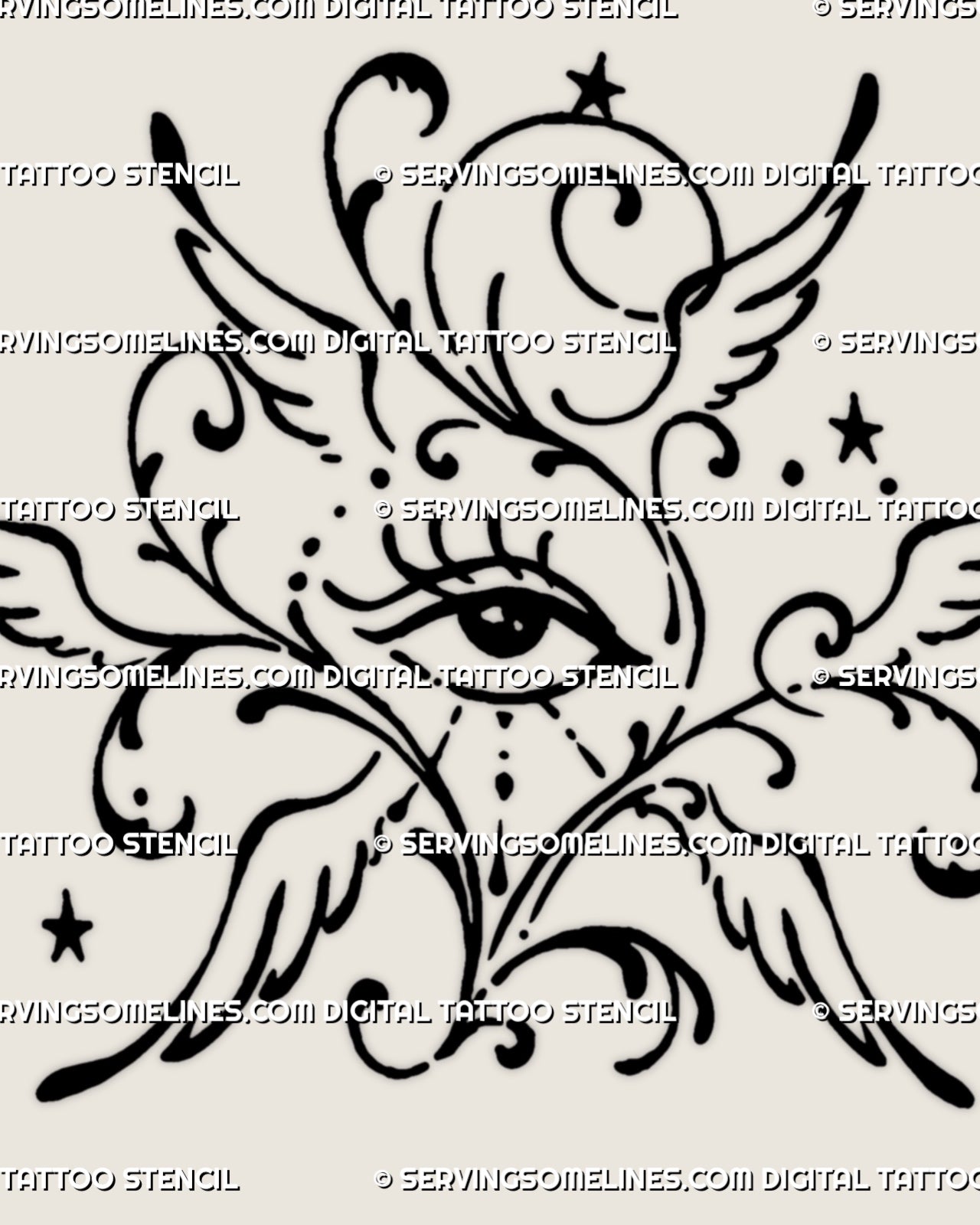 Close-up of ornamental seraphim eye tattoo details showing the central eye, simplified wings, curling scrollwork, small stars, dots, and hand-drawn line variation