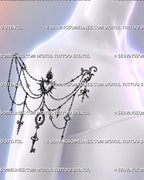 Ornamental shoulder tattoo shown on a woman from the side with vintage jewelry chains, framed keyhole, skeleton key, ribbon bow, and dark romantic details