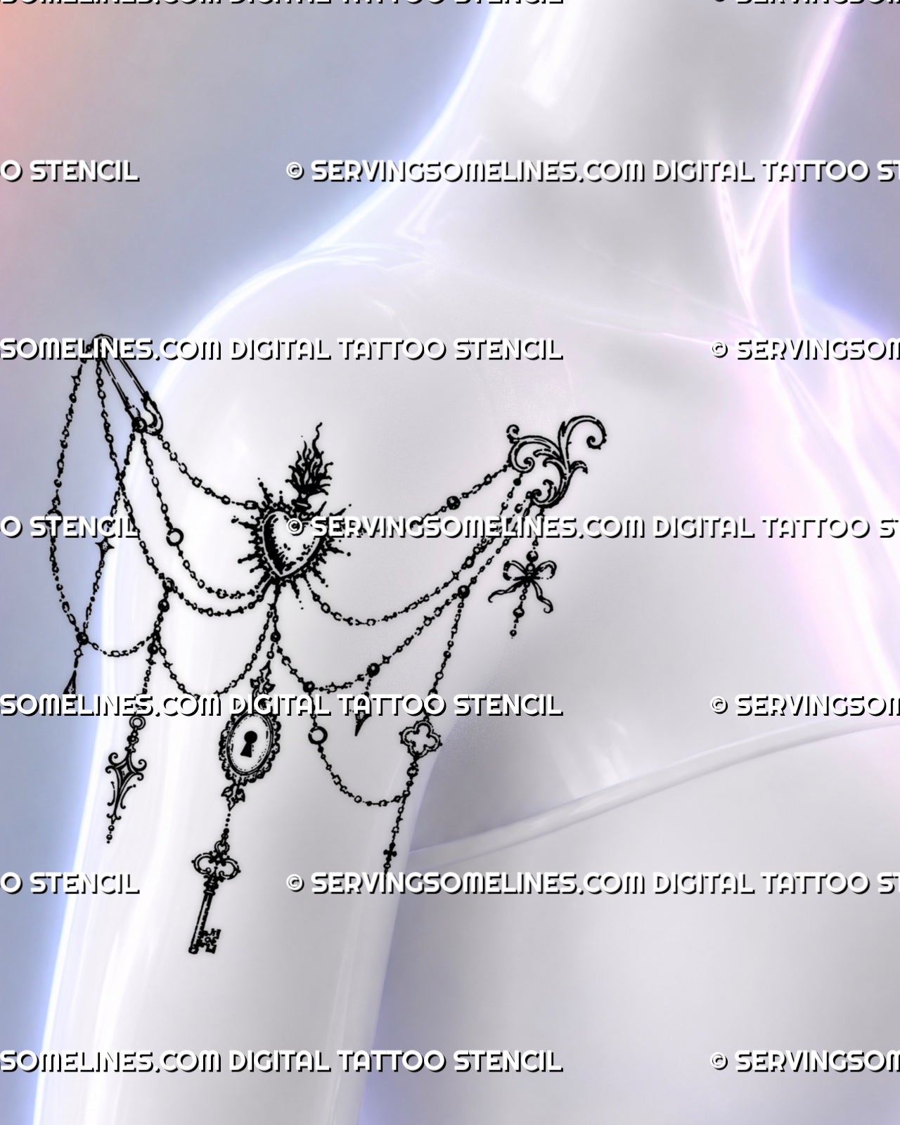 Ornamental shoulder tattoo shown on a woman from the side with vintage jewelry chains, framed keyhole, skeleton key, ribbon bow, and dark romantic details