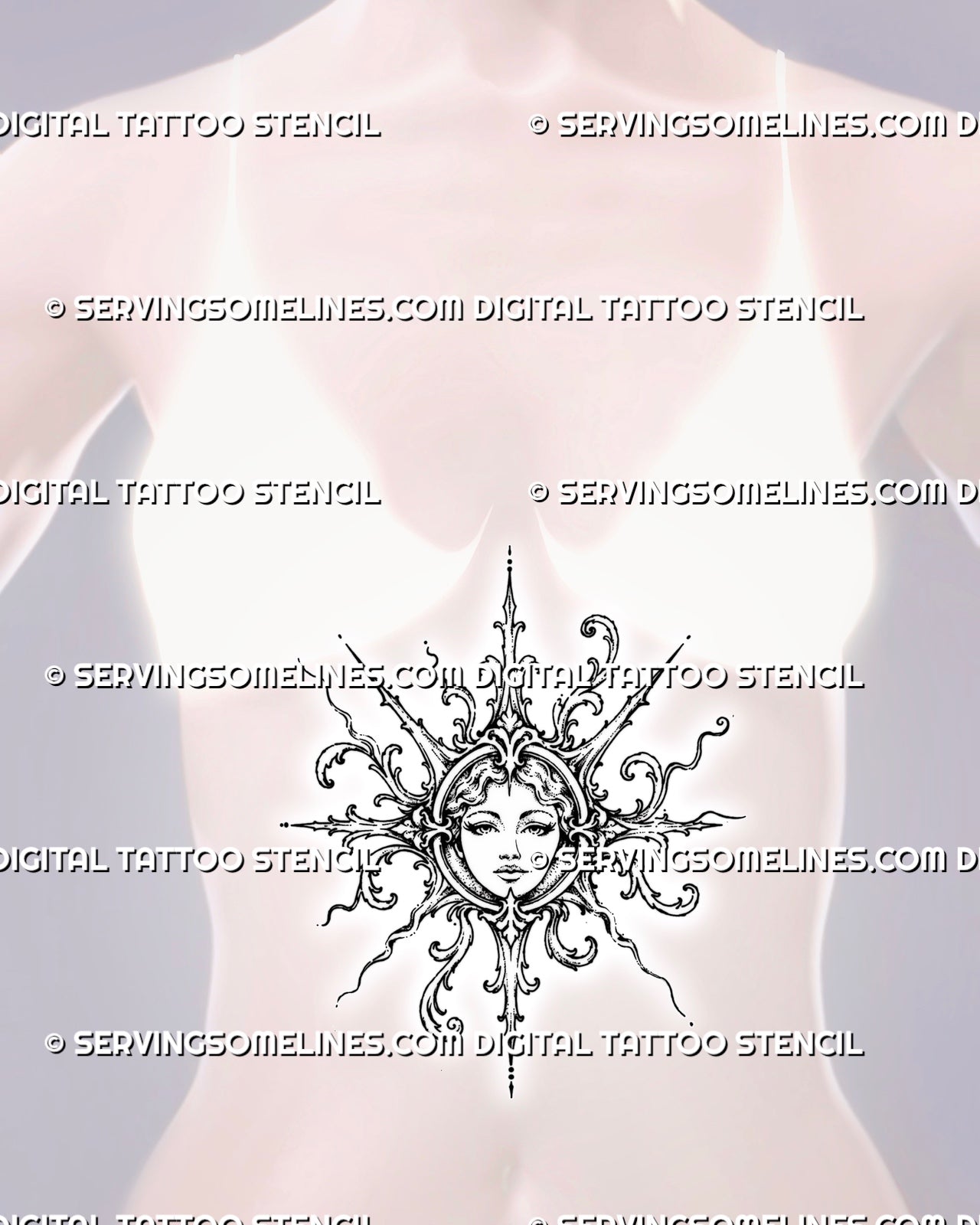 Ornamental sun face tattoo shown at the center of a woman’s stomach with a circular medallion, curling botanical scrollwork, and radiating spear-shaped rays