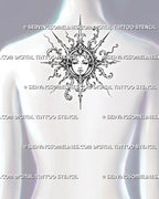 Ornamental sun goddess tattoo shown at the center of a woman’s upper back with a feminine face, radiating pointed rays, and curling filigree