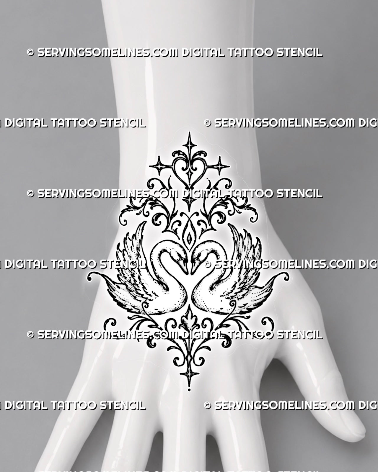 Ornamental swan heart tattoo shown on the hand with two mirrored swans, detailed wing feathers, pointed stars, curling flourishes, and a centered heart composition