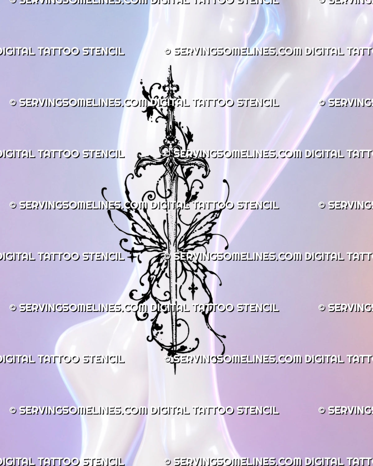 Ornamental sword tattoo shown on the side calf with fairy-like wings, flowing botanical scrollwork, dark ink accents, dotwork, and a long vertical fantasy blade