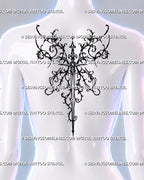 Upper-back placement preview of an ornamental sword aligned with the spine, with wing-like filigree spreading around its elaborate hilt.
