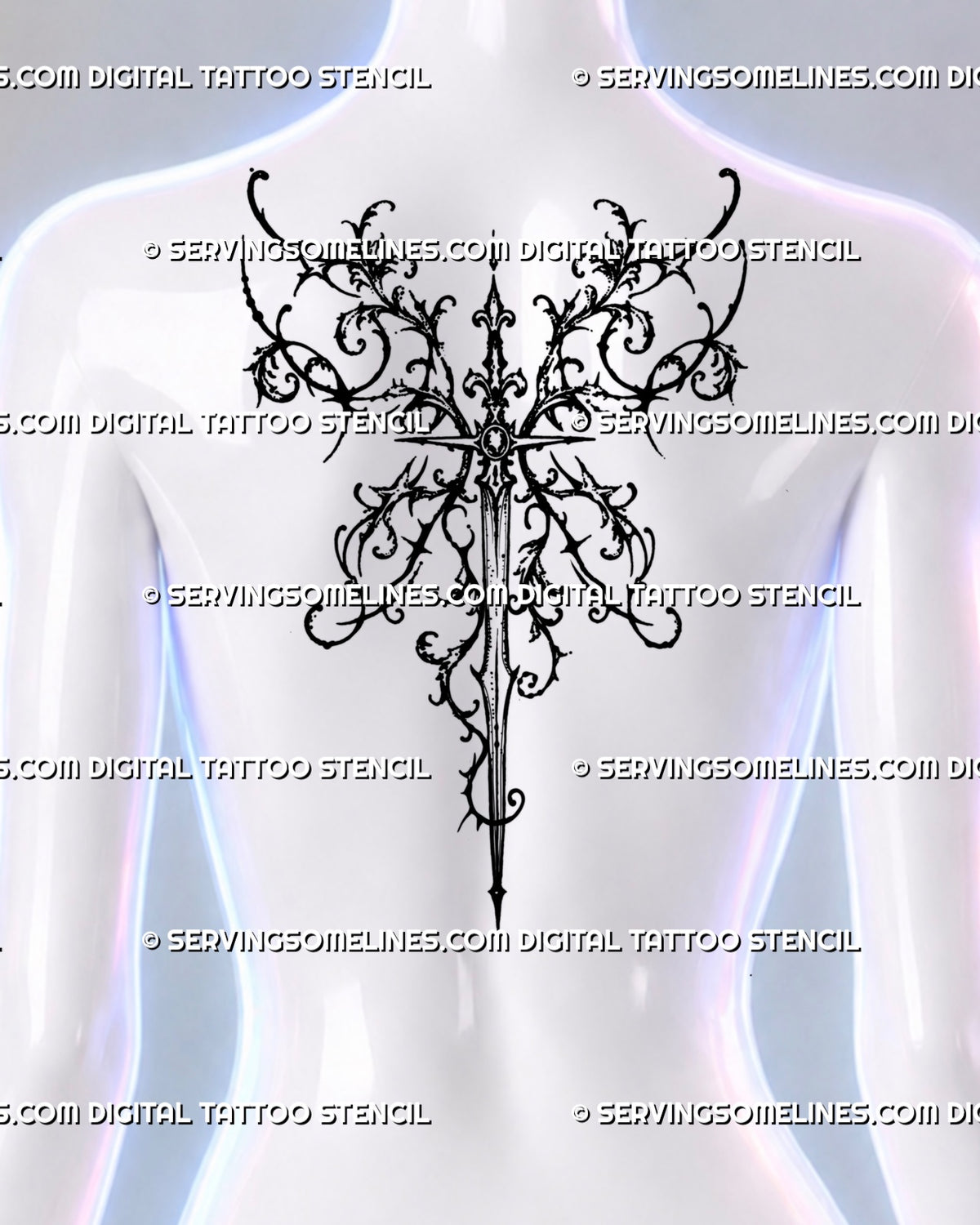 Upper-back placement preview of an ornamental sword aligned with the spine, with wing-like filigree spreading around its elaborate hilt.