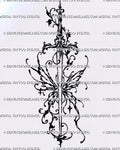 Ornamental winged sword tattoo stencil with a long fantasy blade, abstract butterfly wings, botanical scrollwork, distressed black ink, dotwork, and hanging cross charm