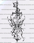Ornamental winged sword tattoo stencil with a long fantasy blade, abstract butterfly wings, botanical scrollwork, distressed black ink, dotwork, and hanging cross charm