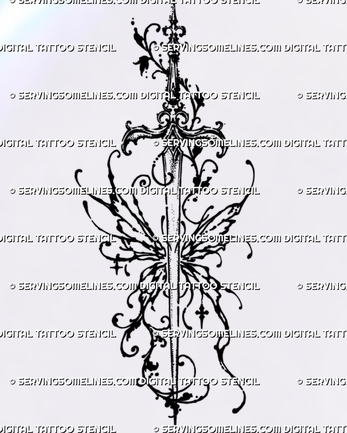 Ornamental winged sword tattoo stencil with a long fantasy blade, abstract butterfly wings, botanical scrollwork, distressed black ink, dotwork, and hanging cross charm