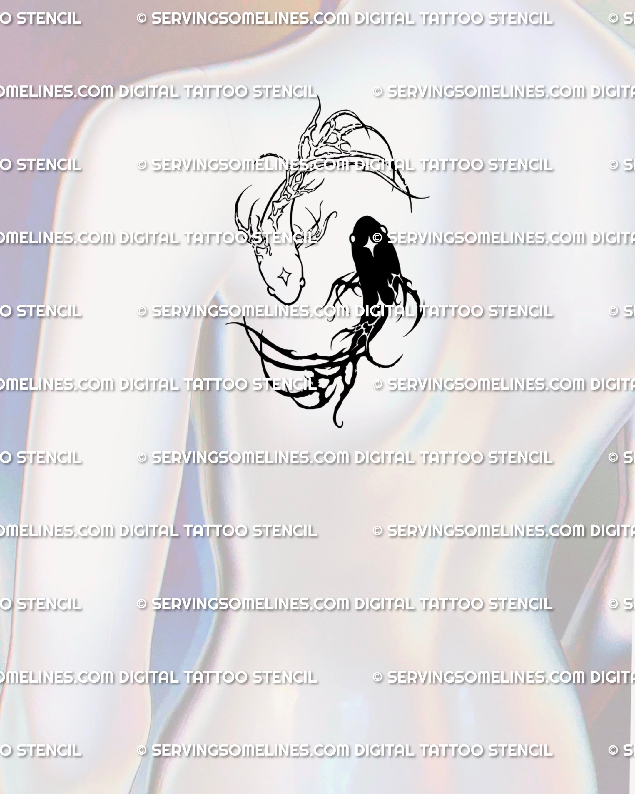 Ornamental koi fish tattoo on the back shoulder; arched fins and sigil flourishes seat naturally on the scapula for a refined yet fierce look.