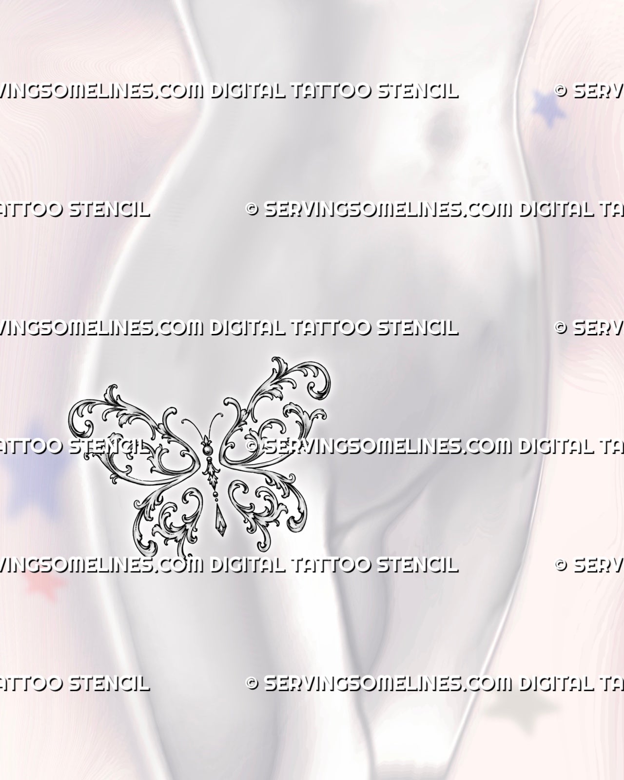 Ornate butterfly tattoo shown on a woman’s hip with curling acanthus wings, decorative scrollwork, and a suspended pendant detail