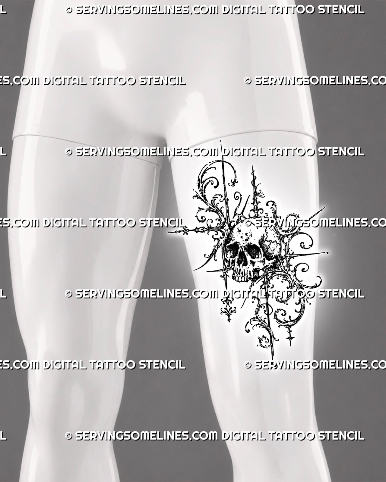 Ornate skull tattoo shown on a man’s front thigh with a weathered skull, structural filigree curls, hanging diamond ornaments, and a tall asymmetric silhouette