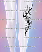 Outer knee tattoo stencil shown framing the side of the joint with black neotribal shapes, outlined cybersigilism forms, and tapered leg flow
