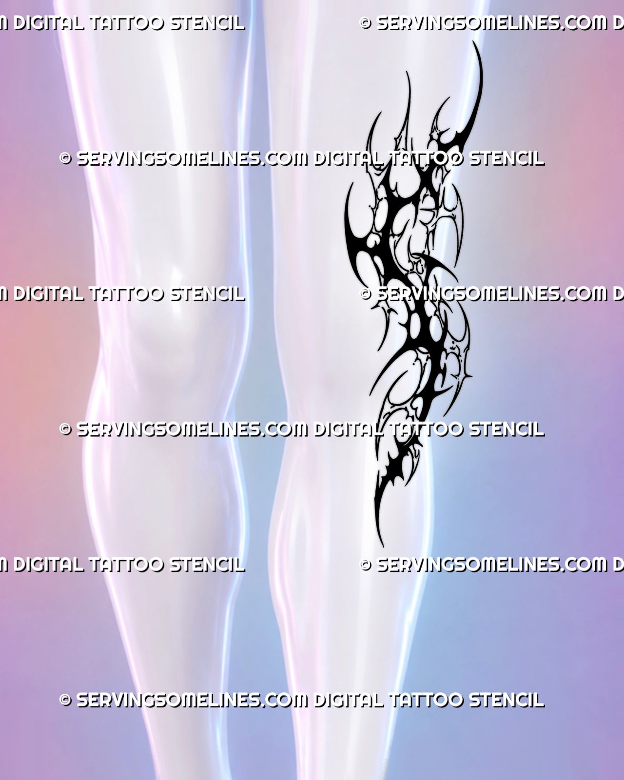 Outer knee tattoo stencil shown framing the side of the joint with black neotribal shapes, outlined cybersigilism forms, and tapered leg flow