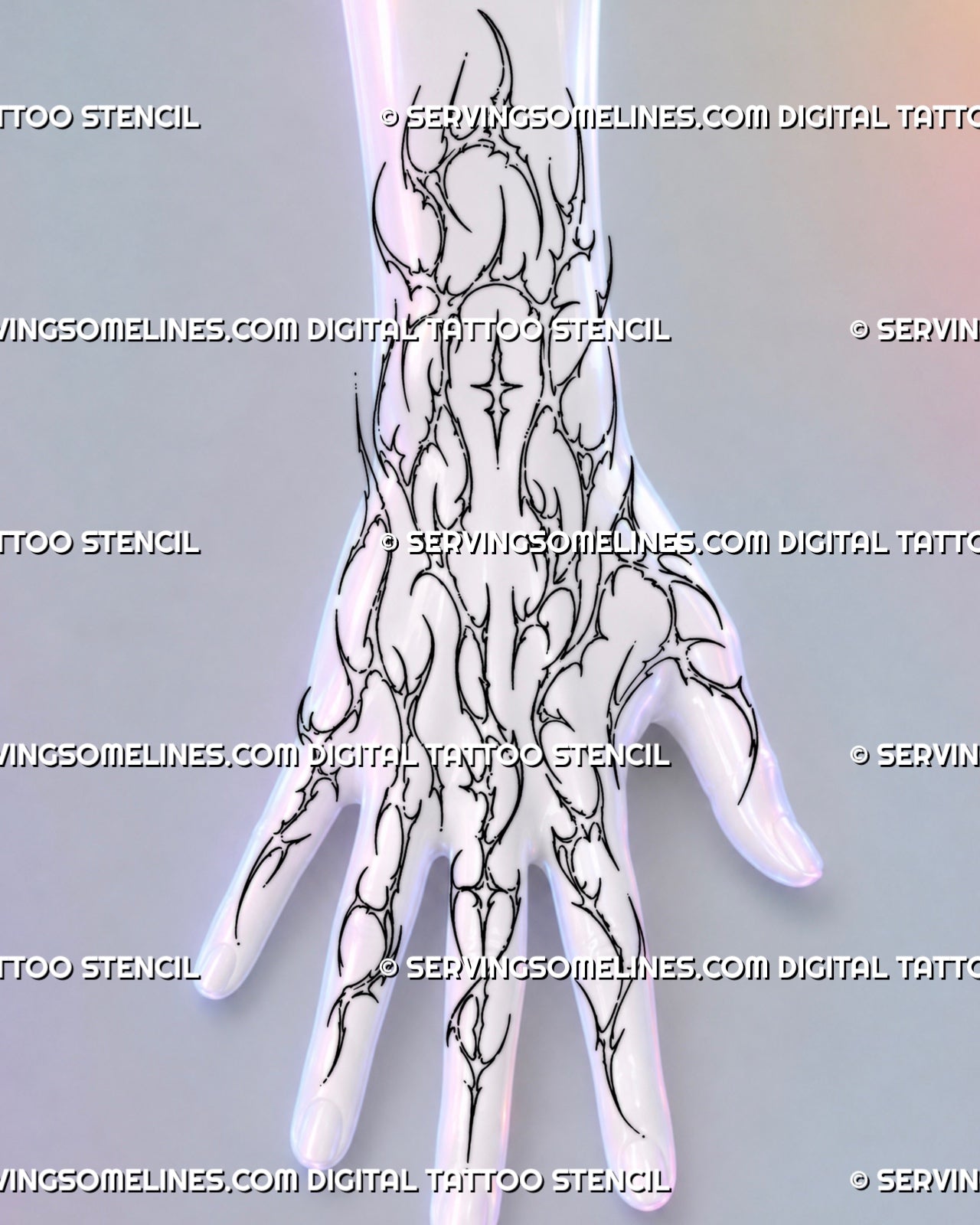 Outline cyber tribal hand tattoo shown from wrist across the hand and fingers with segmented cybersigilism shapes, knuckle details, and skin-visible spacing