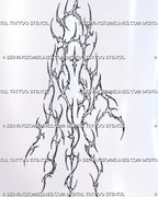 Outline cybersigilism hand and finger tattoo stencil design with pointed neotribal forms, segmented cyber shapes, central star detail, and wrist-to-fingertip flow