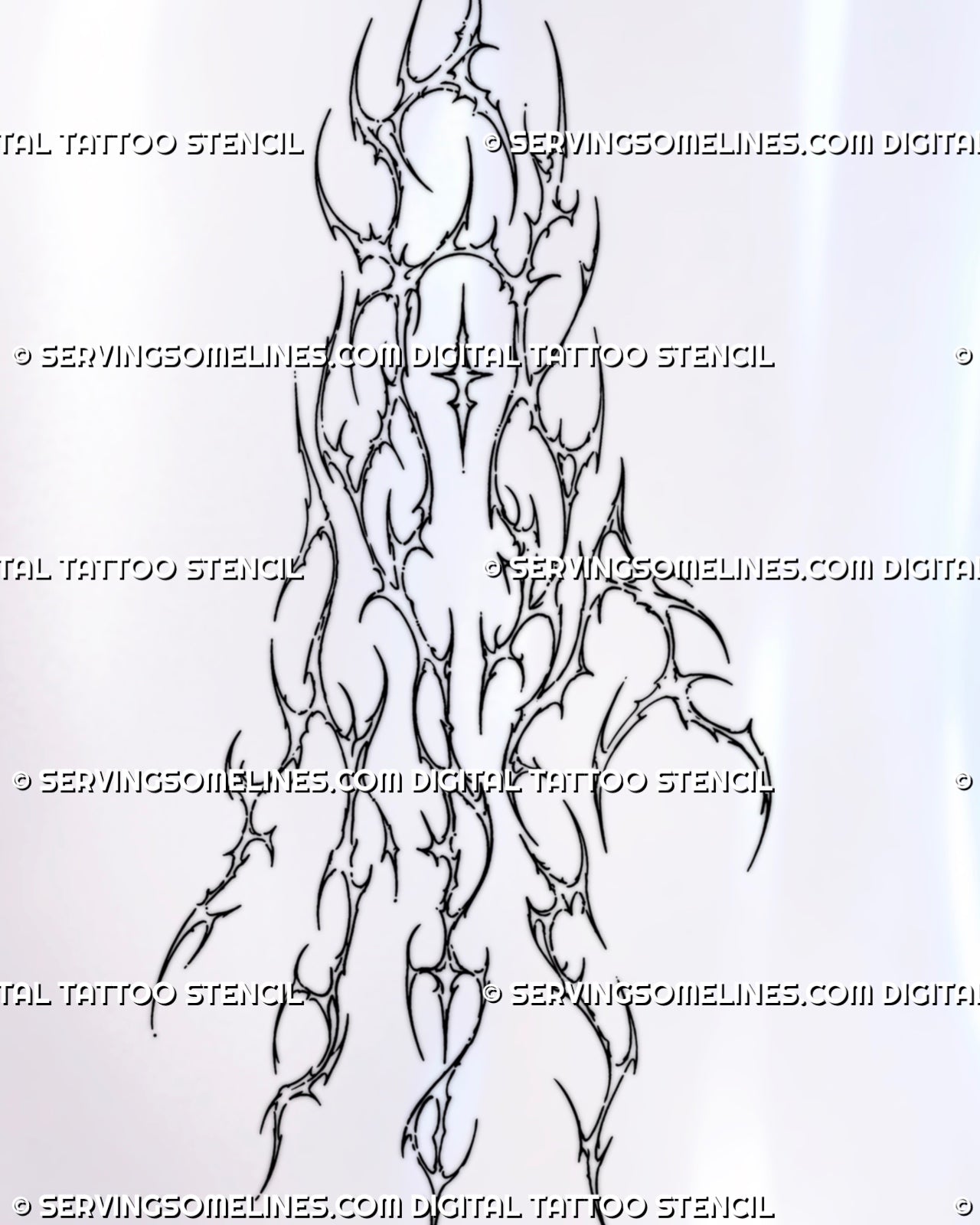 Outline cybersigilism hand and finger tattoo stencil design with pointed neotribal forms, segmented cyber shapes, central star detail, and wrist-to-fingertip flow