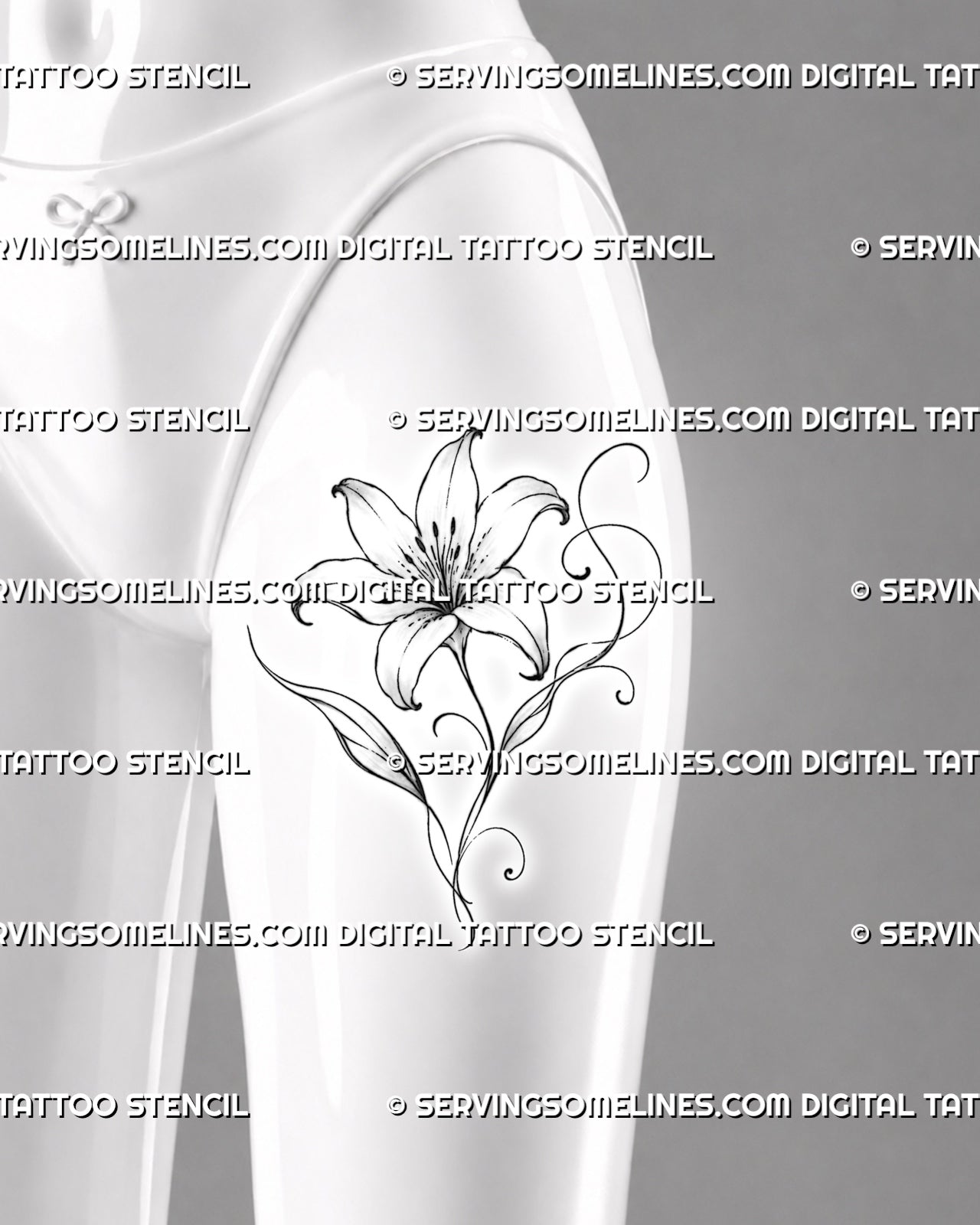 Outline lily flower tattoo shown on the front of a female thigh with a large open bloom, flowing stem, leaves, and decorative floral curls