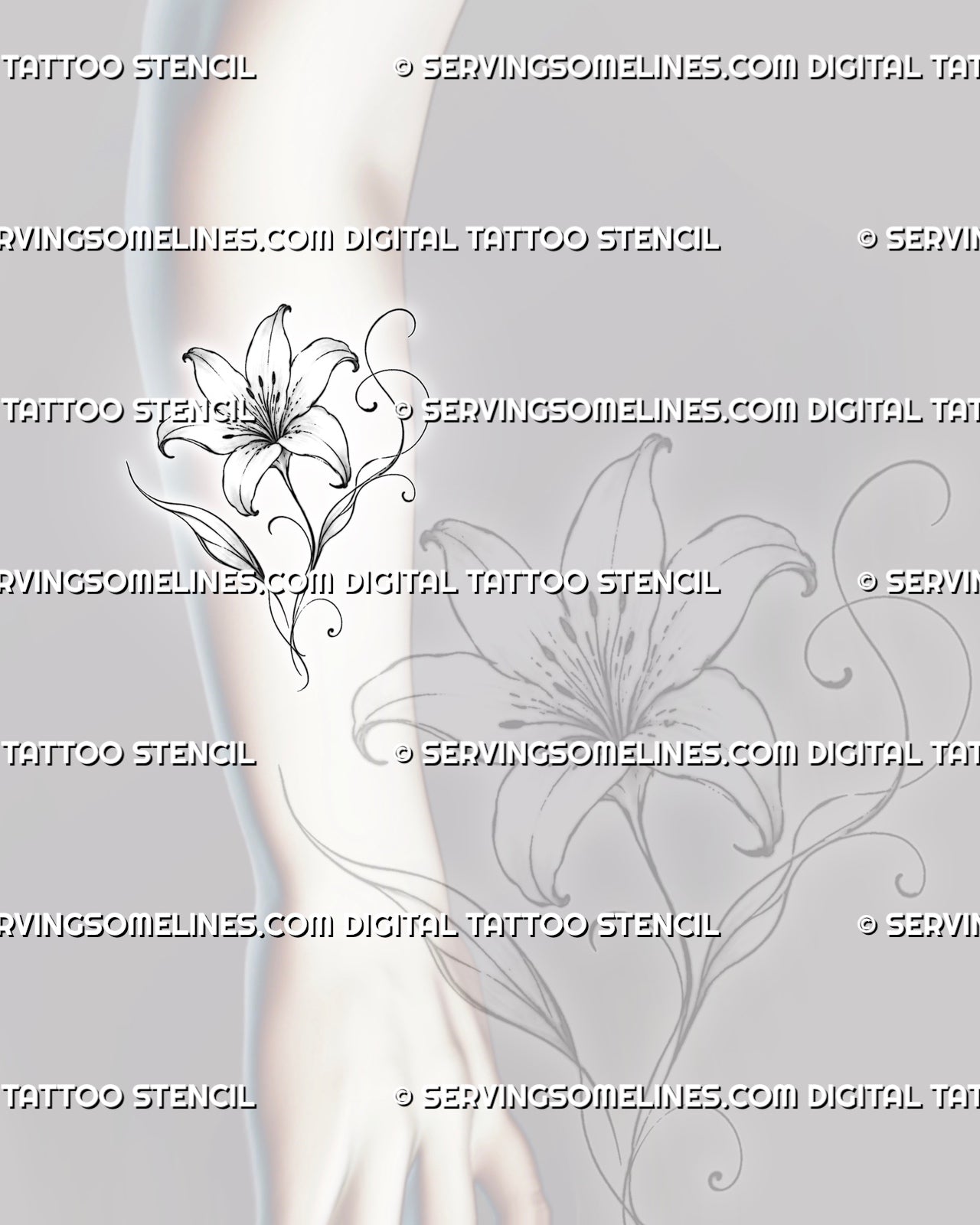 Outline lily tattoo stencil shown on the forearm with a vertical flower composition, visible stamens, narrow leaves, and long flowing line-art curls