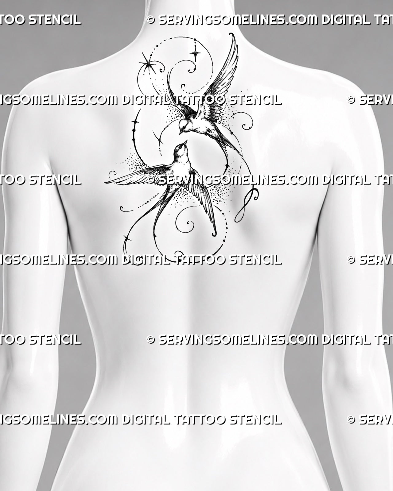 Pair of swallows tattoo shown at the upper-back center with opposing flying birds, wide feathered wings, stars, and flowing feminine ornamental details