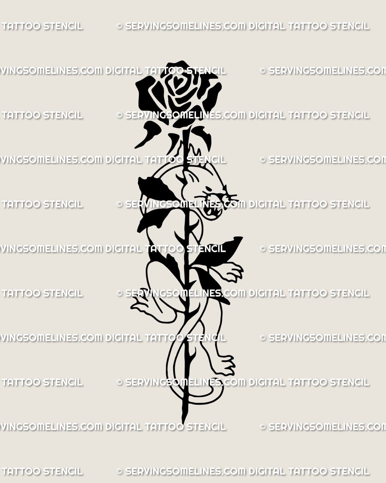 Panther rose tattoo stencil in gothic neotribal style, mixing floral grace with panther strength, timeless dark and symbolic design