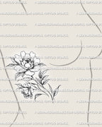 Feminine peony flower tattoo stencil shown on side ribs placement with soft bloom, leaves, and vertical botanical flow.