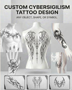 Personalized cybersigilism tattoo design service for custom symbols, objects, references, and tattoo placements.