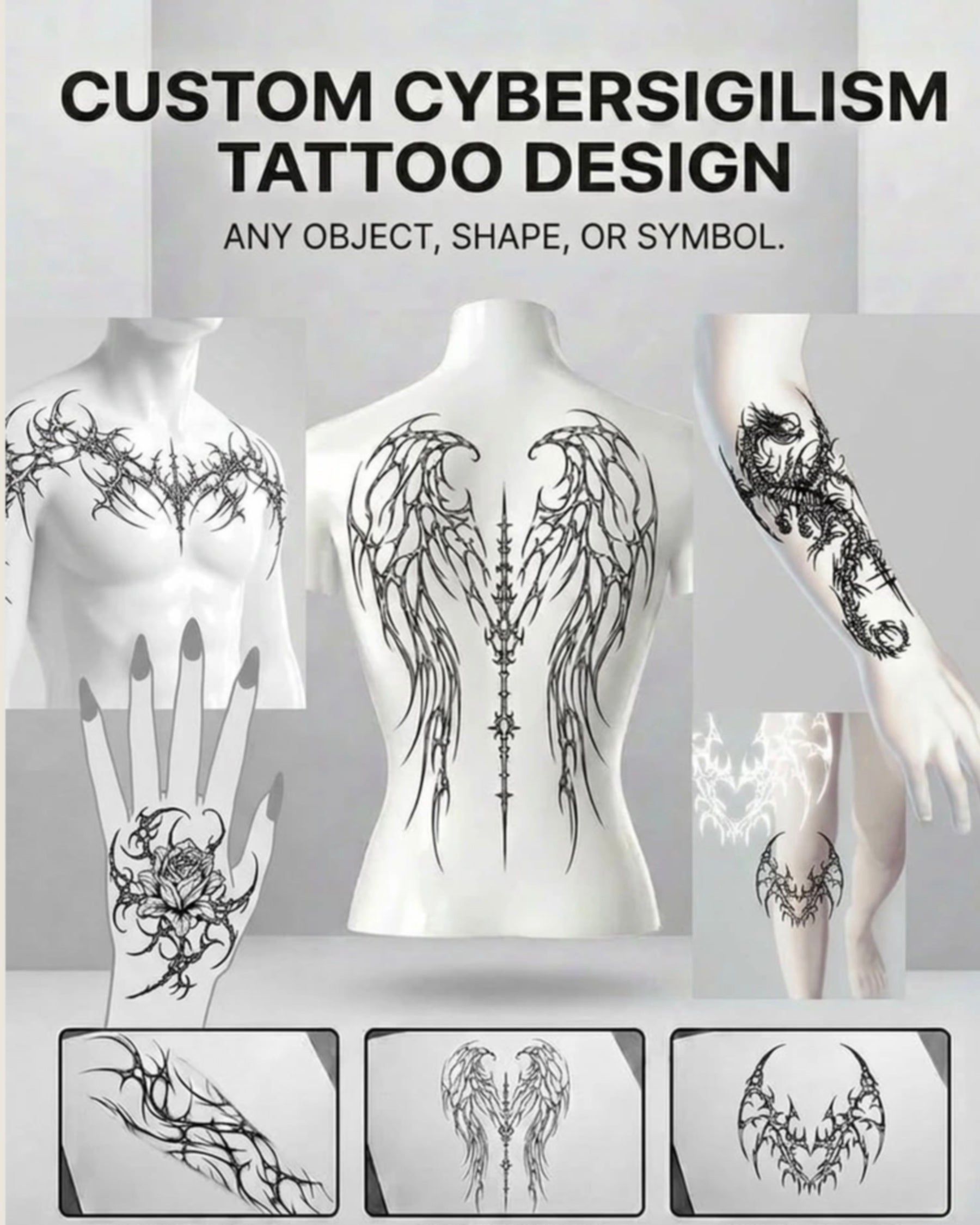 Personalized cybersigilism tattoo design service for custom symbols, objects, references, and tattoo placements.